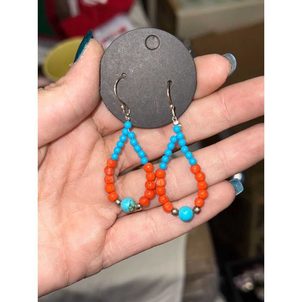 Faux Turquoise & Coral Teardrop Bead Earrings